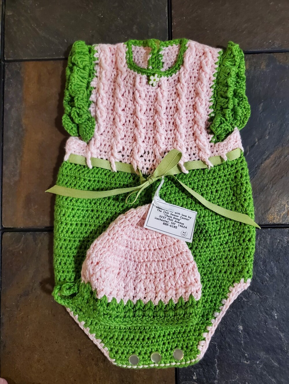Handmade Crochet Baby Girl Romper & Hat Set — Charming Pink & Green Ribbon Trim